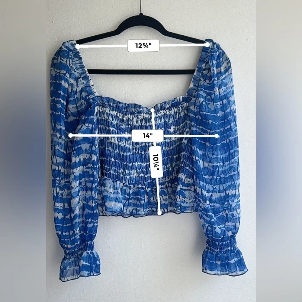 ZARA Blue Tie-Dye Smocked Puff Sleeve Top – Coastal Boho Festival Vibes Size L